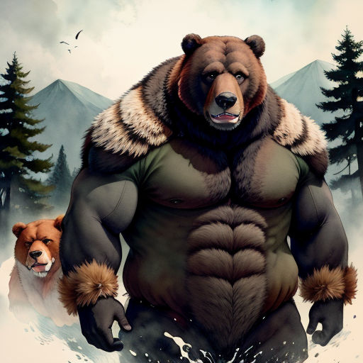 a bear and a bear cub are walking in the snow together, with a mountain in the background and a forest in the foreground