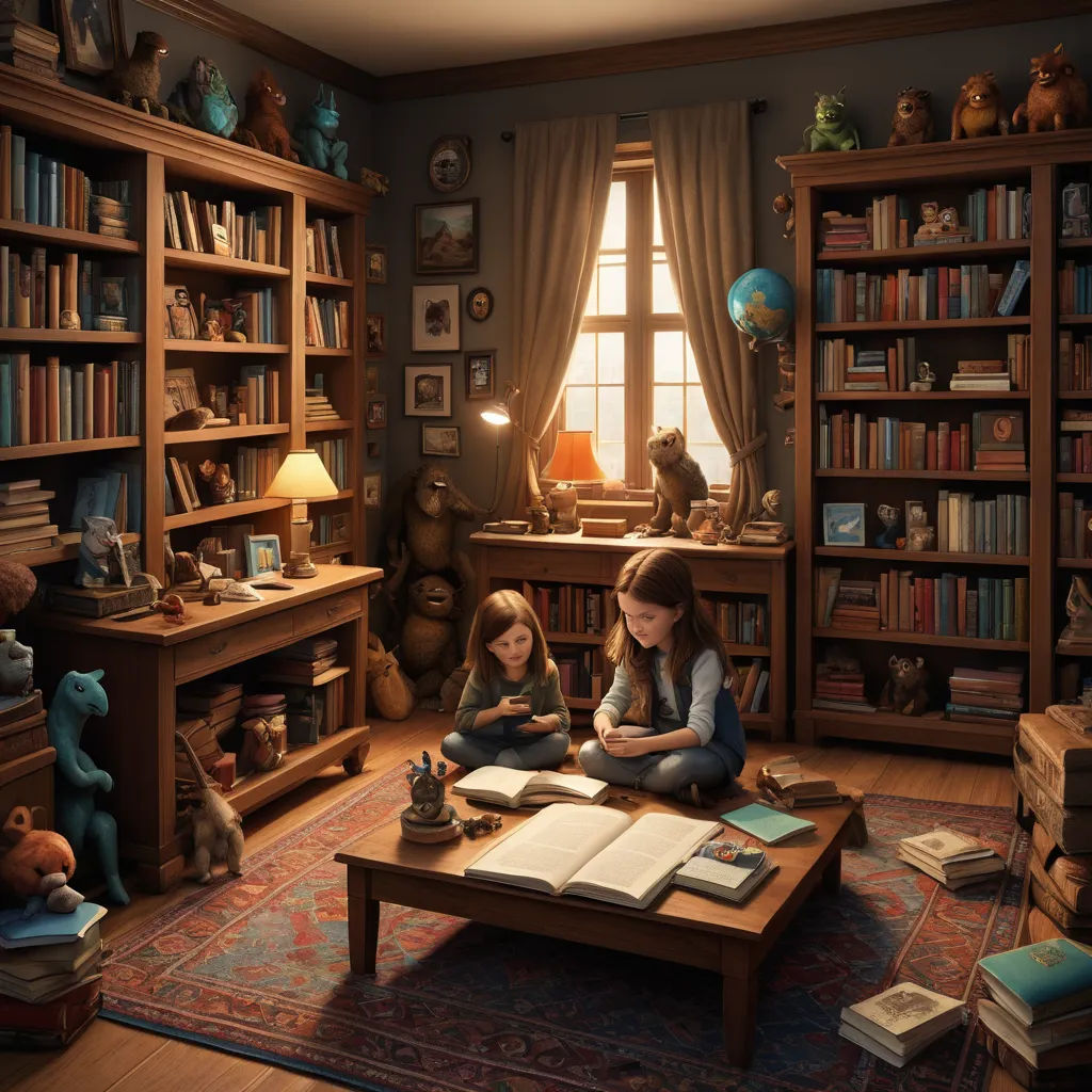 two girls sitting on the floor reading books in a library with stuffed animals and bookshelves behind them, photorealism, a storybook illustration, Chris LaBrooy, unreal engine render