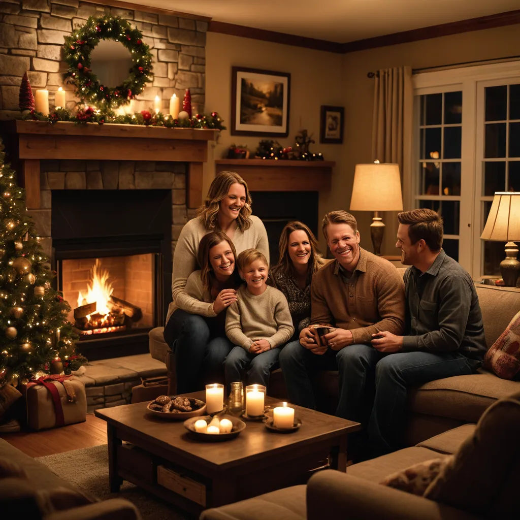 a family sitting in front of a christmas tree in a living room with a fireplace and a christmas tree, regionalism, a stock photo, Doug Ohlson, promotional image