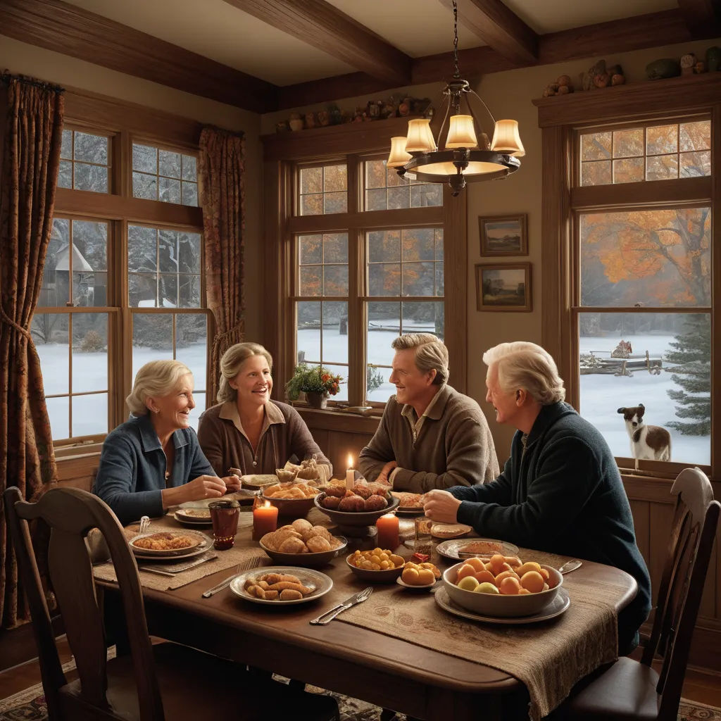 a group of people sitting around a table with food on it and candles in the middle of the table, arts and crafts movement, a storybook illustration, Doug Ohlson, rembrandt lighting