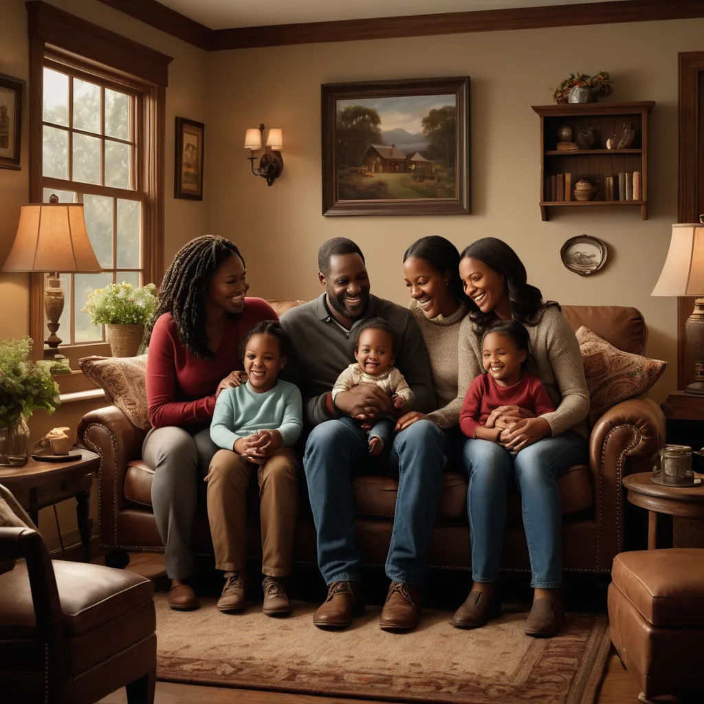 a family sitting on a couch in a living room together, smiling at the camera, with a baby in the middle, american scene painting, a stock photo, Dan Scott, promotional image