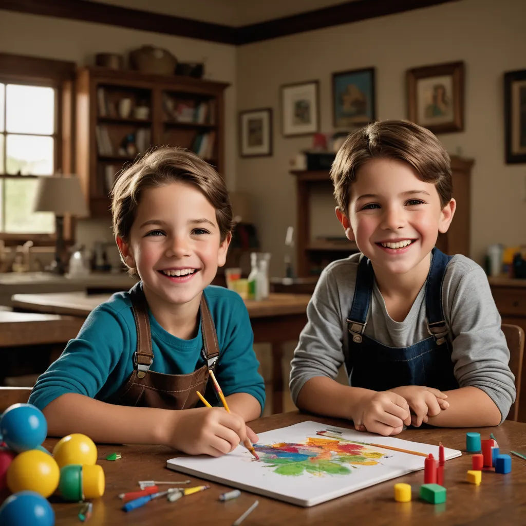 two young boys sitting at a table with a picture of a bear on it and a pencil in his hand, arts and crafts movement, a computer rendering, David Teniers III, promotional image