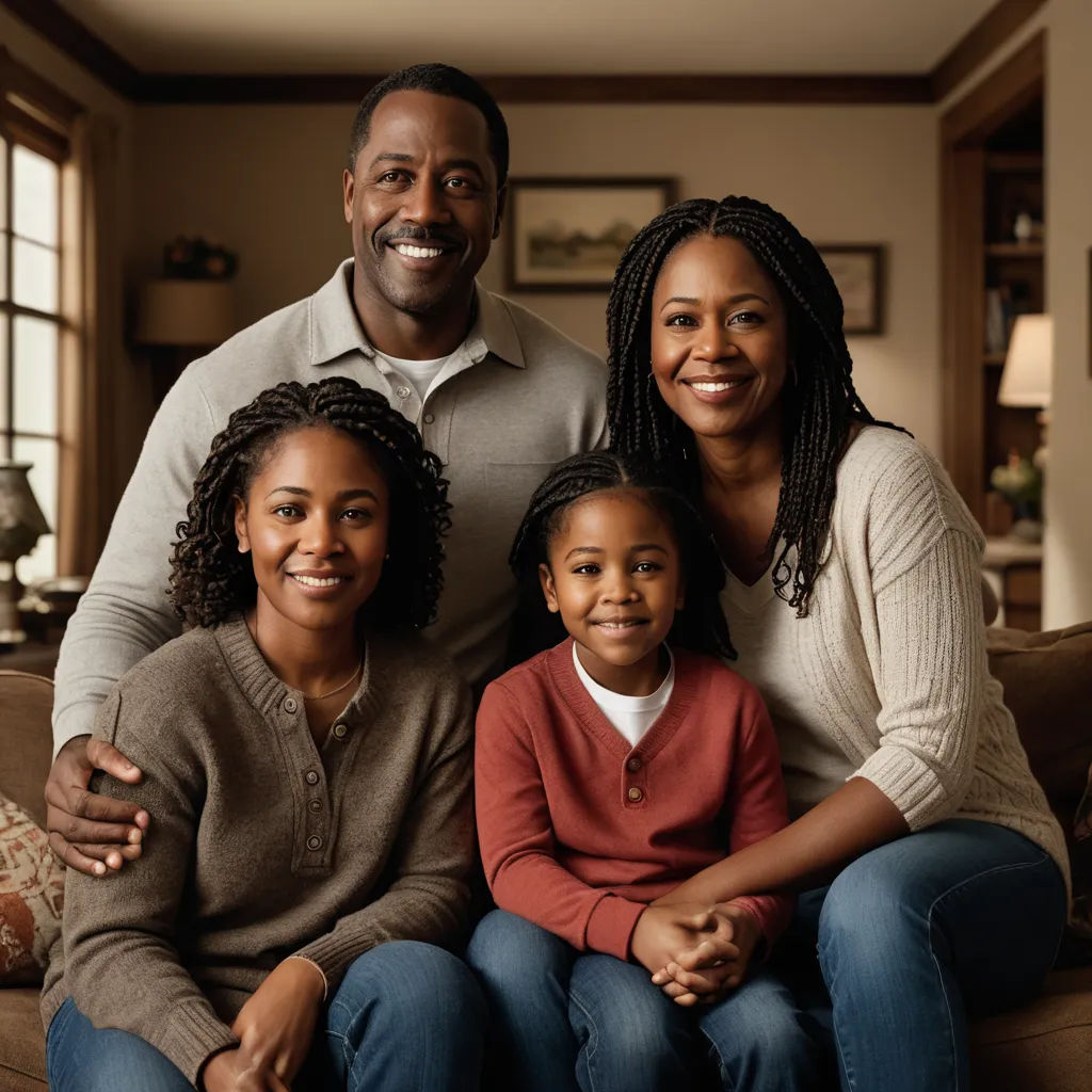 a family sitting on a couch in a living room together smiling at the camera with a large window behind them, american scene painting, a stock photo, Darrell Riche, promotional image