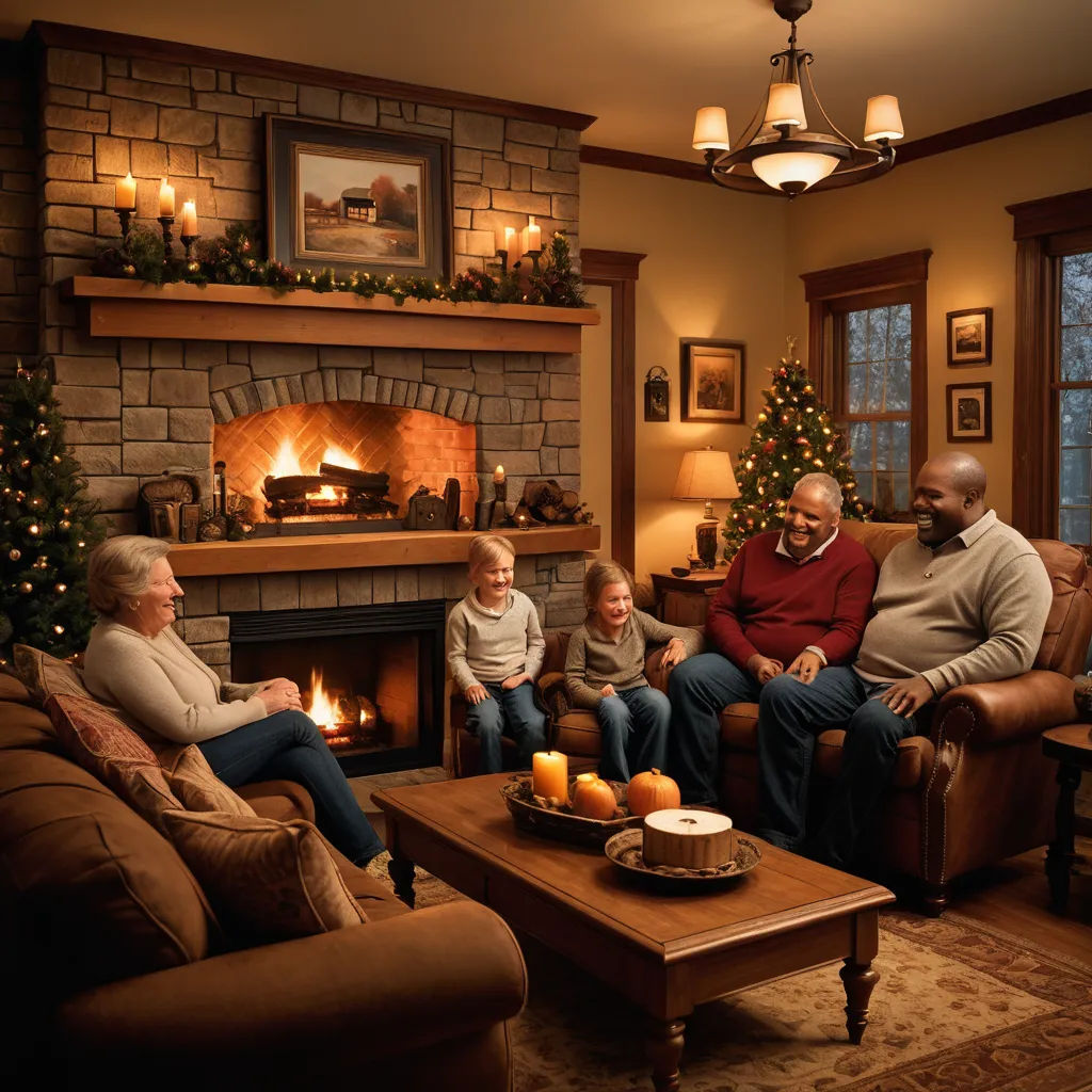 a family sitting in a living room with a fireplace and christmas tree in the background, with a man and two children sitting on the couch, arts and crafts movement, a digital rendering, Doug Ohlson, rembrandt lighting