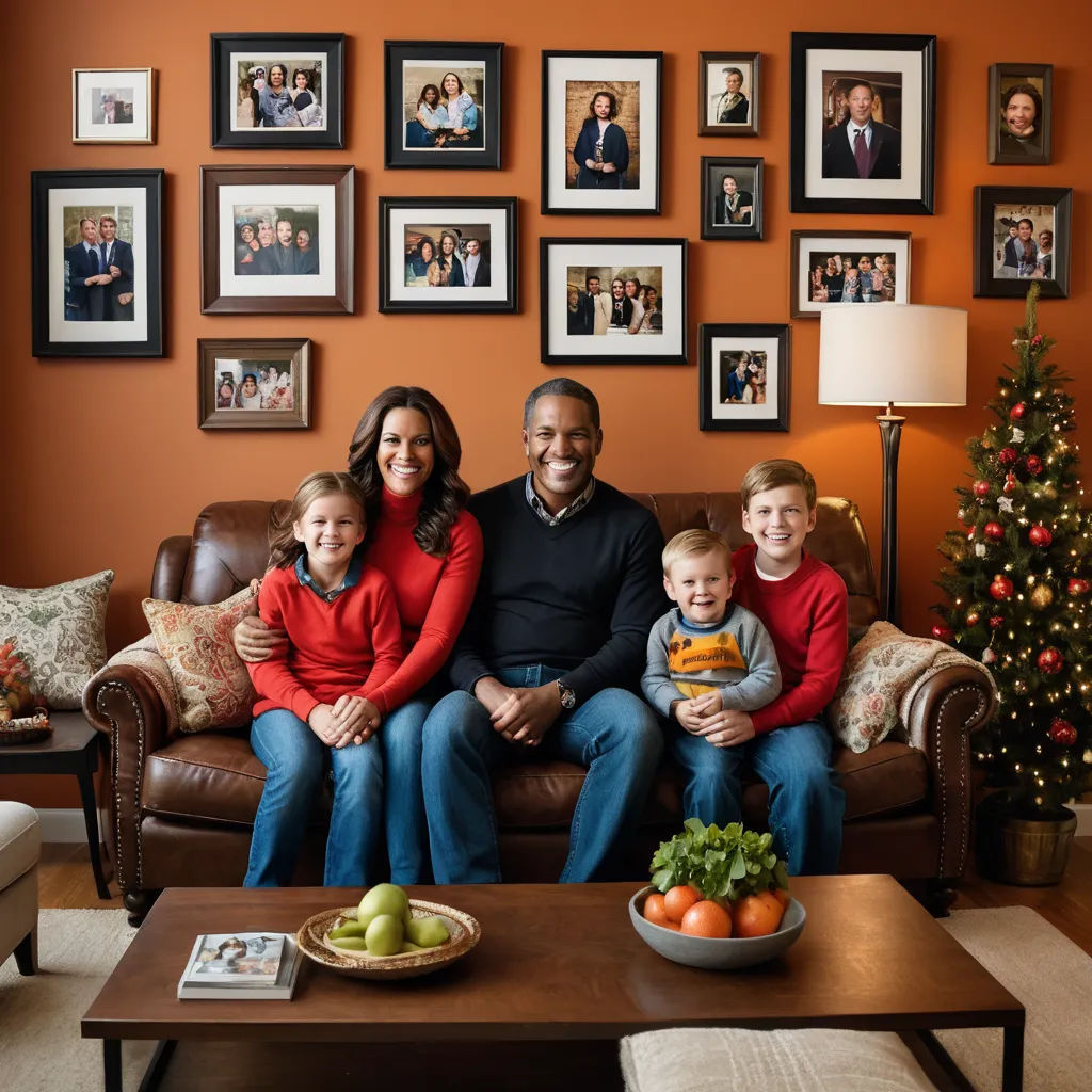 a family sitting on a couch in front of a christmas tree with pictures on the wall behind them and a christmas tree in the background, precisionism, a storybook illustration, Darrell Riche, professional photo