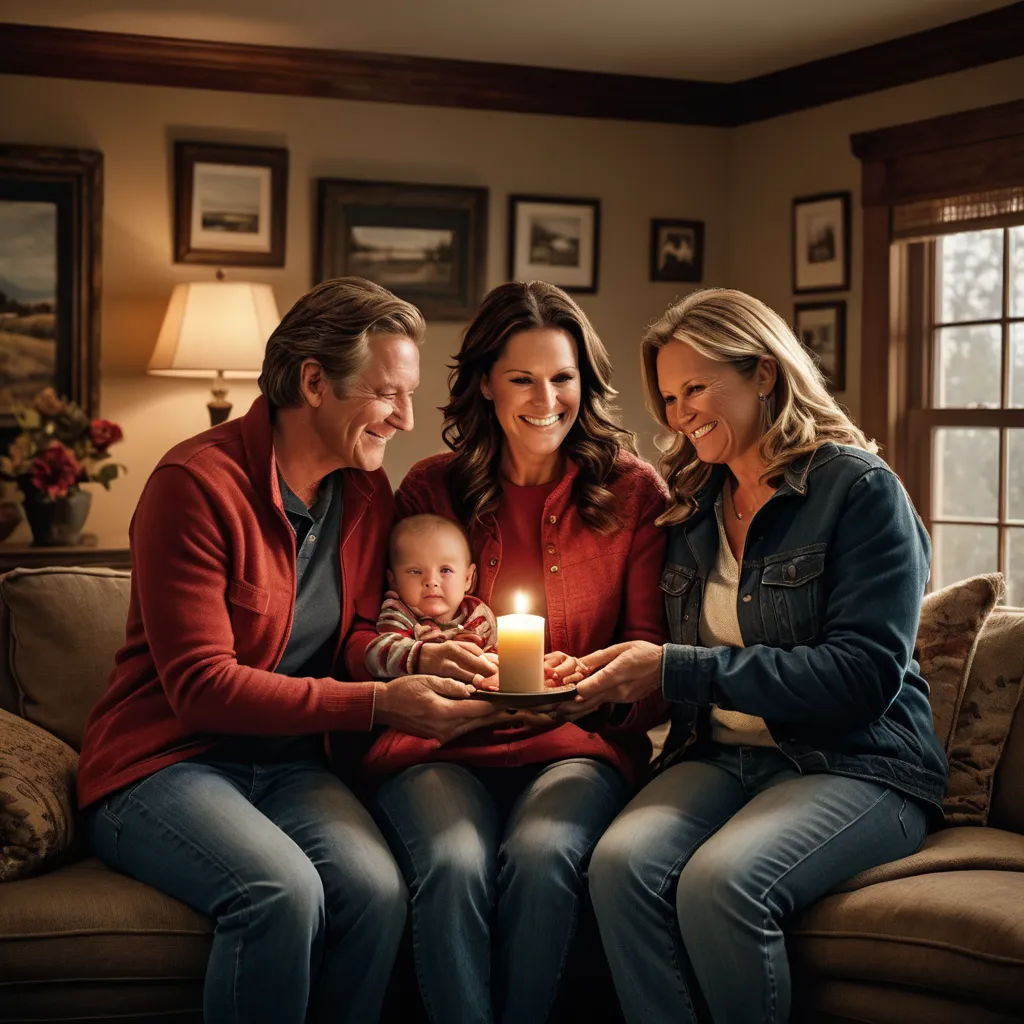 a family sitting on a couch holding a candle in their hands and smiling at the camera with a baby in the middle, art photography, a stock photo, Claire Hummel, candles