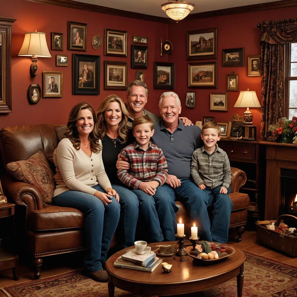 a family sitting on a couch in a living room with a fireplace and pictures on the wall behind them, folk art, a storybook illustration, Doug Ohlson, promotional image