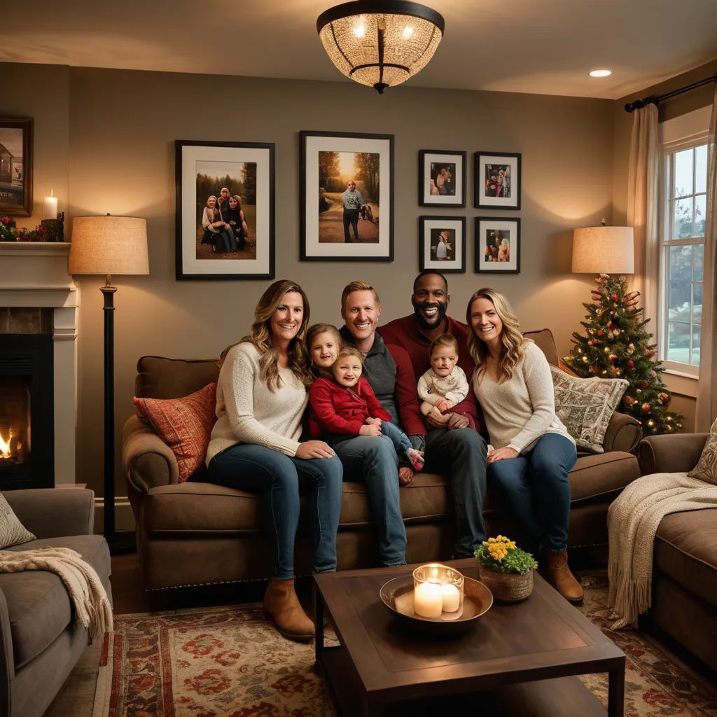a family sitting on a couch in a living room with a christmas tree in the corner of the room, incoherents, a stock photo, Eric Dinyer, portrait photography