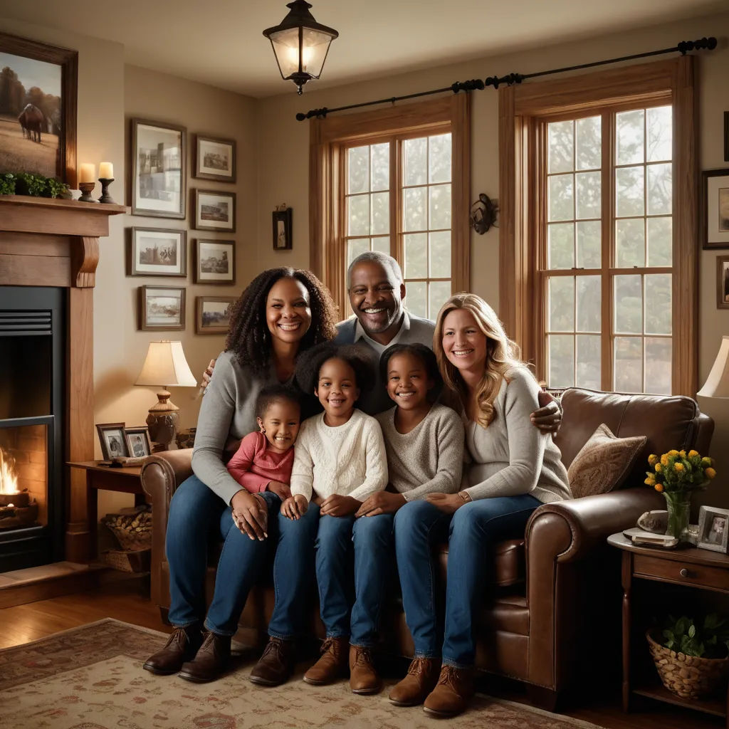 a family sitting on a couch in front of a fireplace in a living room with a fire place and a man and woman, american scene painting, a stock photo, Darrell Riche, portrait photography