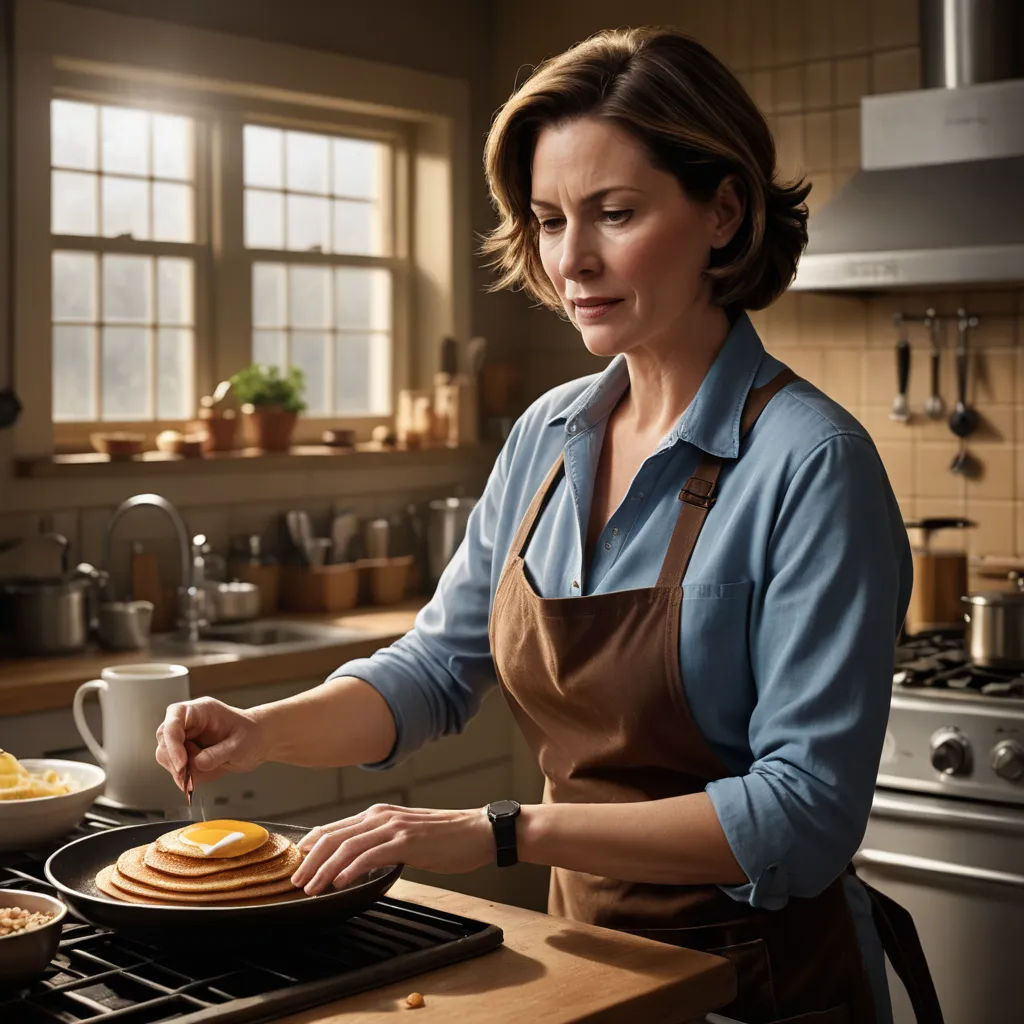 a woman in a kitchen preparing pancakes on a stove top oven with a cup of coffee in front of her, photorealism, a stock photo, Amy Weber, promotional image