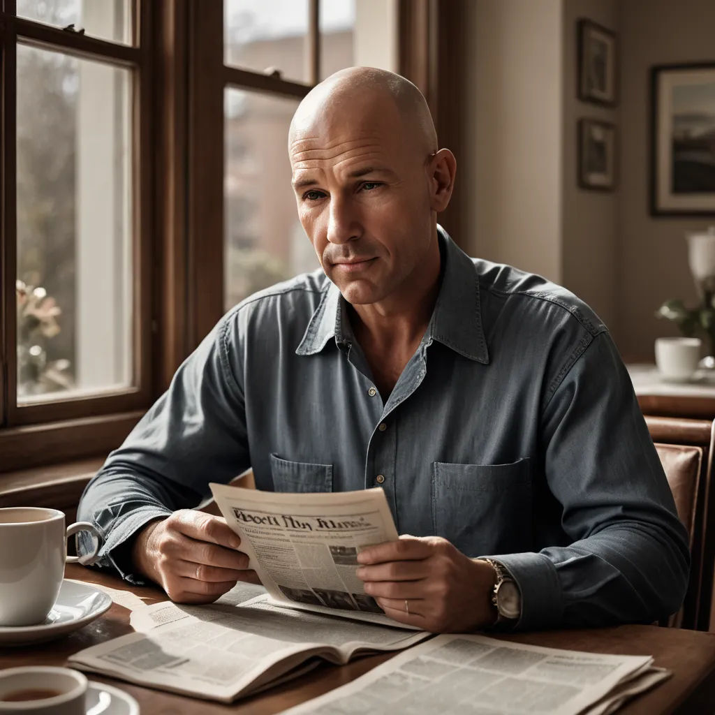 a bald man sitting at a table reading a newspaper and drinking a cup of coffee and reading a newspaper, private press, a character portrait, David Annand, promotional image