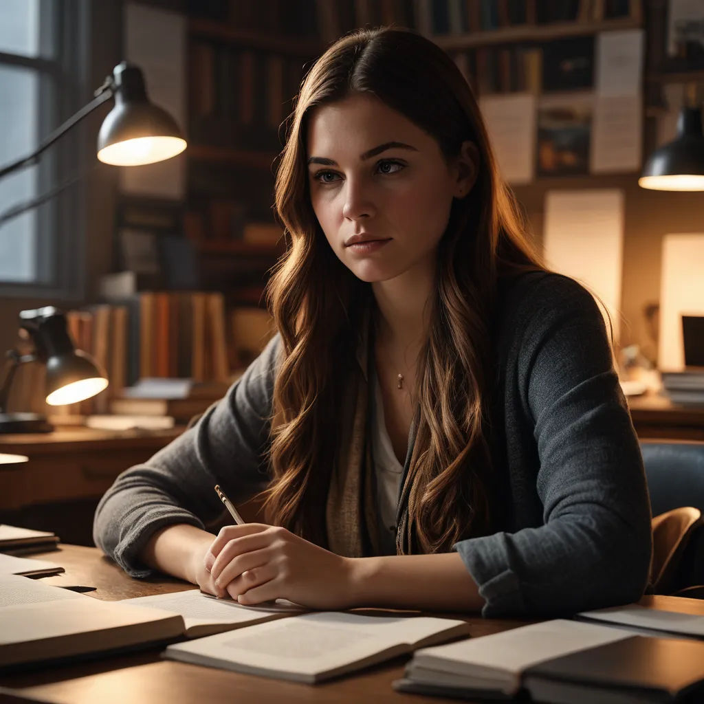 a woman sitting at a desk with a pen and paper in her hand and a lamp on the side of the desk, academic art, a stock photo, Barbara Greg, promotional image