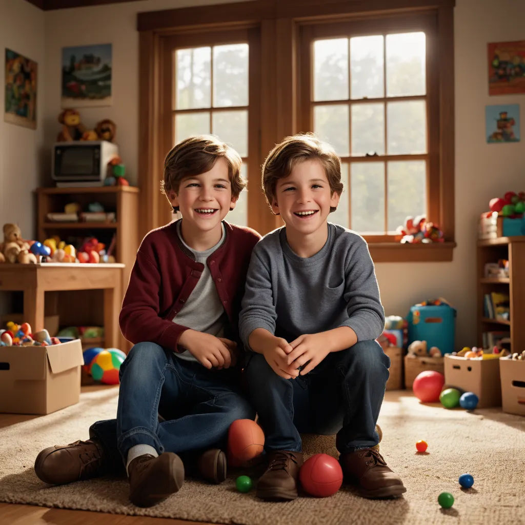 two boys sitting on the floor with toys in the background and a window in the background with a wooden frame, american scene painting, a tilt shift photo, Andries Both, promotional image