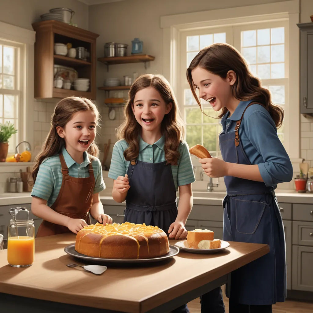 three girls are standing around a cake on a table with a plate of cake on it and a cake on a plate, american scene painting, a digital rendering, Bob Byerley, promotional image