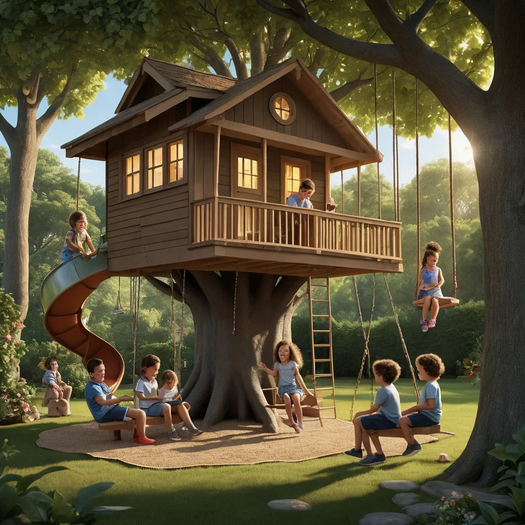 a group of children sitting on a tree house swing set in a park with a slide and a slide, photorealism, a storybook illustration, Chris LaBrooy, highly detailed digital painting