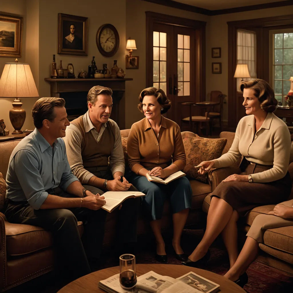 a group of people sitting around a living room together on a couch and a coffee table with a book, american scene painting, a colorized photo, Dorothy Coke, promotional image