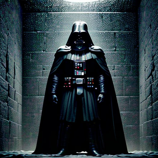 a darth vader standing in a tunnel with a light on the wall behind him and a light on the ceiling above