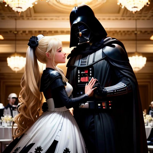 a woman in a dress standing next to a darth vader doll in a ballroom with a man in a costume