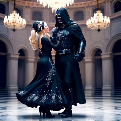 a man and a woman dressed in black standing in a ballroom with chandeliers and chandeliers
