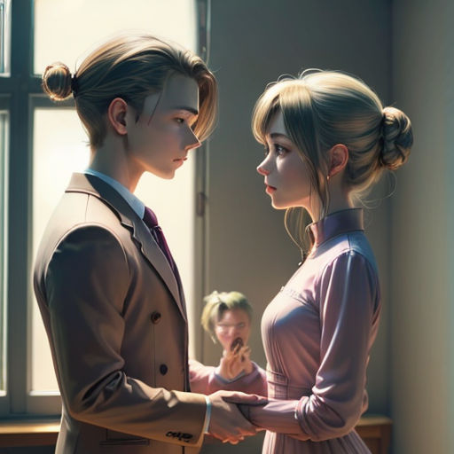 a couple of people standing next to each other in a room with a window and a curtain on the wall