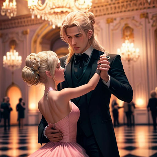 a man and woman dressed in formal wear dancing in a ballroom with chandeliers and chandeliers