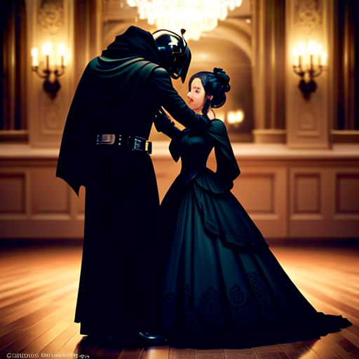 a man and woman dressed in black are dancing in a ballroom with chandeliers and chandeliers