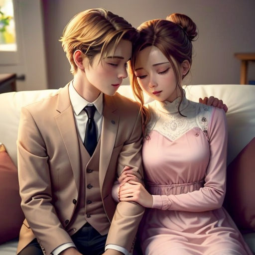 a couple sitting on a couch next to each other in a room with a window and a couch in front of them
