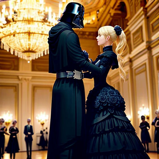 a couple dressed in black standing next to each other in a ballroom with chandeliers and chandeliers