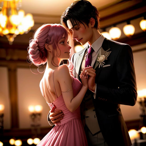 a man and a woman in formal wear standing next to each other in a ballroom setting with chandeliers