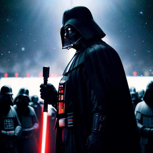a man in a darth vader costume holding a cell phone in front of a crowd of people