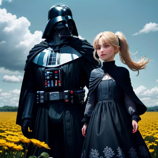 a young girl standing next to a darth vader statue in a field of flowers with a man in a costume