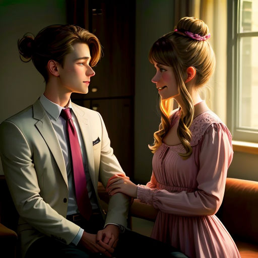 a man and a woman sitting next to each other in a room with a window and a curtain on the wall