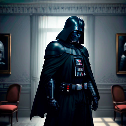 a man in a darth vader costume standing in a room with chairs and paintings on the walls