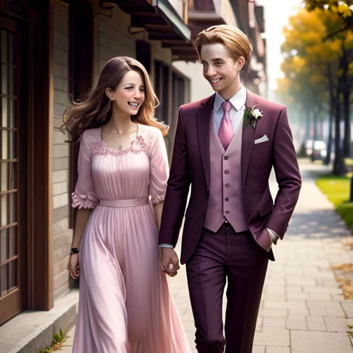 a man and a woman in formal wear walking down a sidewalk together holding hands and smiling at each other