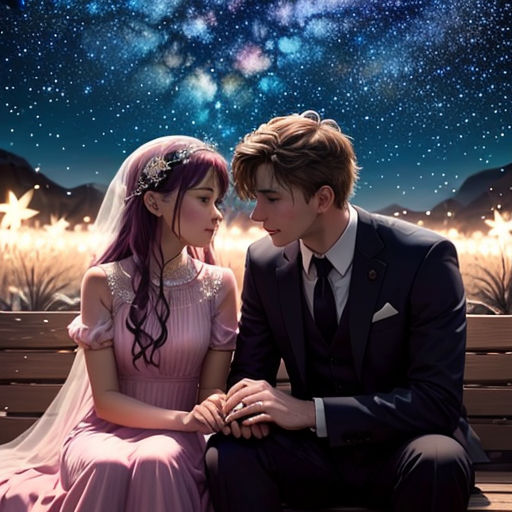 a couple sitting on a bench under a night sky with stars in the sky and a star filled sky