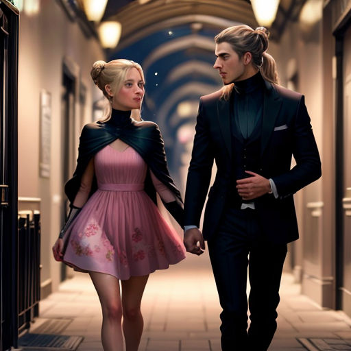 a man and a woman walking down a hallway holding hands and looking at each other with a star in the sky above them