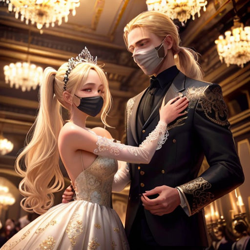 a man and woman in wedding attire wearing masks and gowns in a ballroom with chandeliers and chandeliers