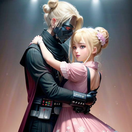 a couple of people that are hugging each other in front of a spotlight light and a spotlight light behind them