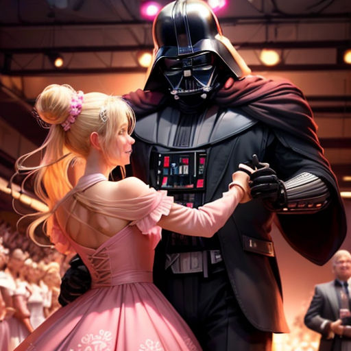 a young girl in a pink dress standing next to a darth vader doll in a pink dress