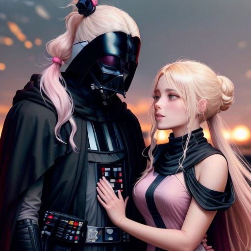 a couple of people standing next to each other in front of a sky background with lights and stars in the sky