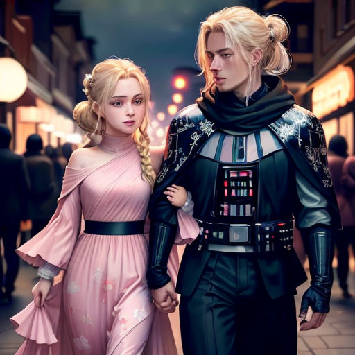 a couple of people that are walking down a street together in costume and holding hands and looking at each other