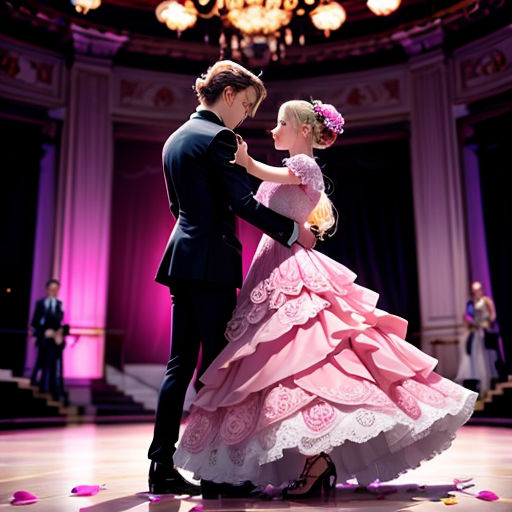 a man and a woman in formal wear dance on a stage with a chandelier and pink flowers