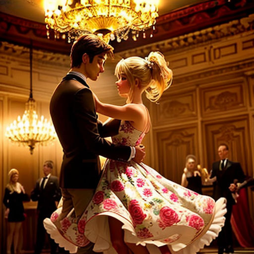 a man and woman dancing in a ballroom with chandelier above them and people in formal wear in the background