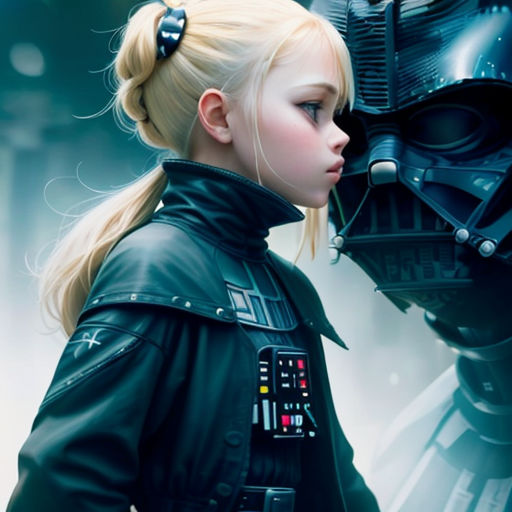 a girl in a star wars outfit kissing a darth vader character in a futuristic city with a blue background