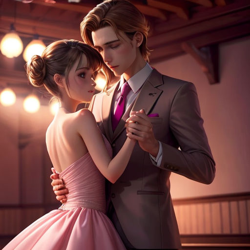 a couple dressed in formal wear standing next to each other in a room with lights on the ceiling and a piano