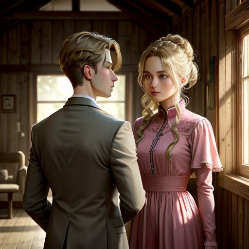 a man and a woman standing next to each other in a room with wooden floors and walls, looking out the window