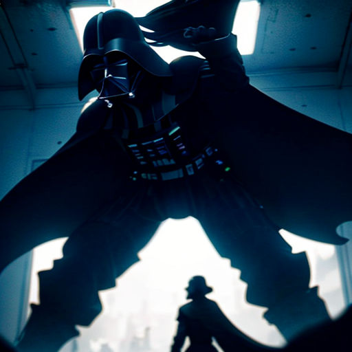 a star wars character is standing in a dark room with a person in the background and a person in the foreground