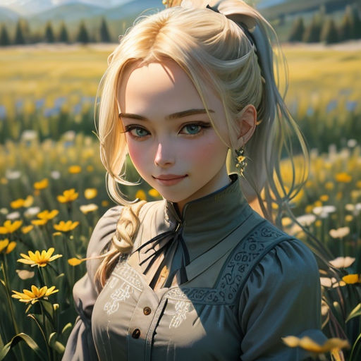 a woman standing in a field of flowers with a ponytail in her hair and a green blouse on her shoulders