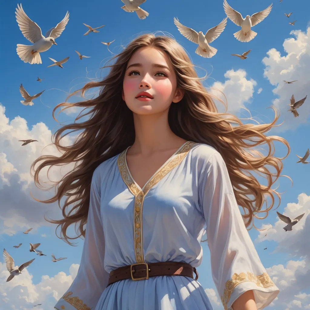 a woman with long hair standing in front of a flock of birds flying overhead in the sky above her, fantasy art, a detailed painting, Fan Qi, stanley artgerm lau