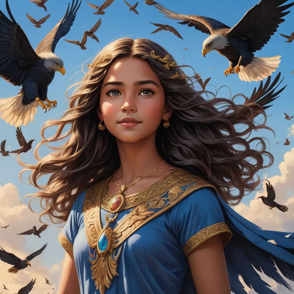 a painting of a woman with birds flying around her head and a sky background with clouds and birds in the sky, fantasy art, a detailed painting, Art of Brom, epic fantasy character art
